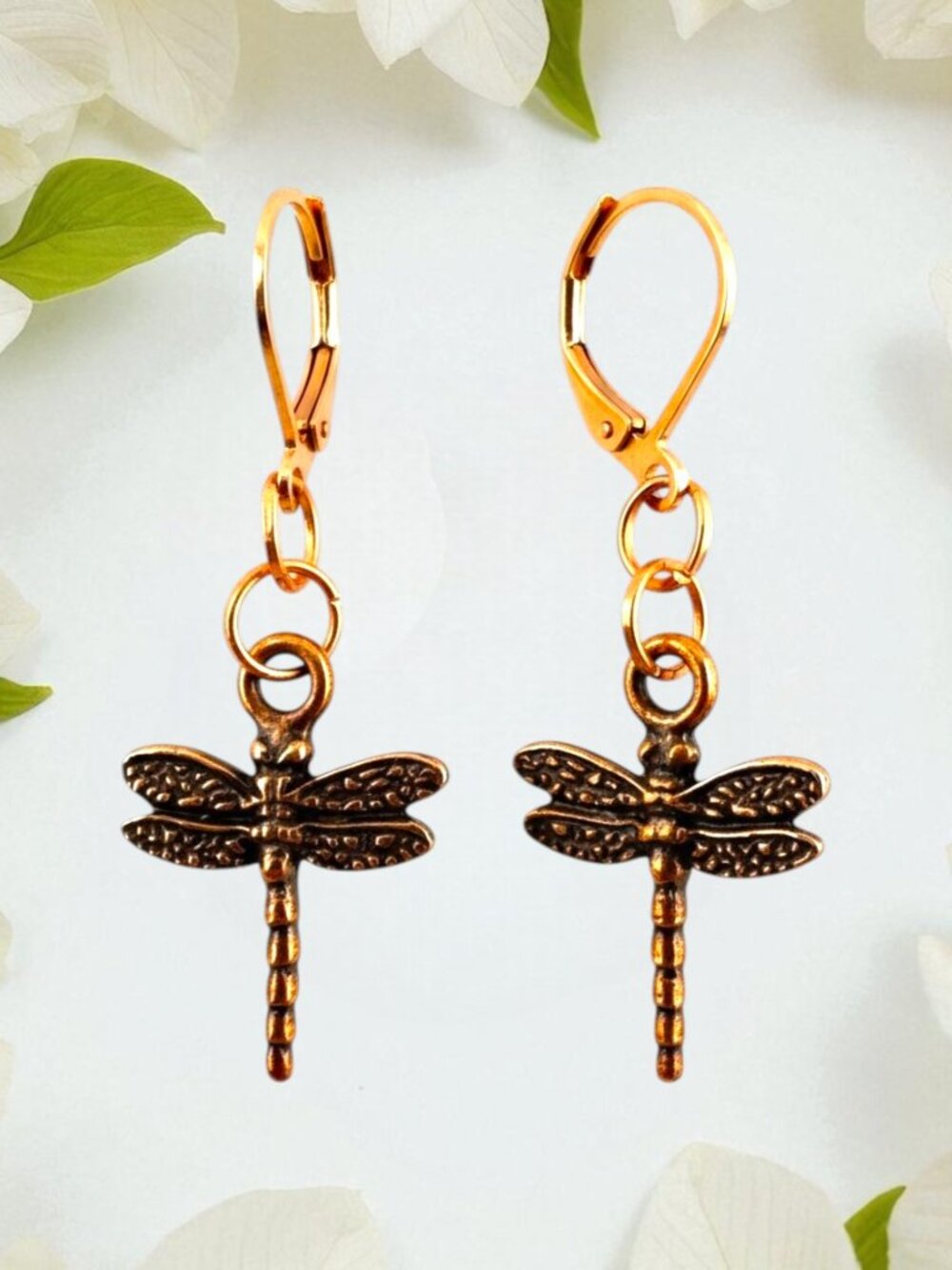 Copper Dragonfly Dangle Earrings Solid Red Copper Leverbacks Handmade